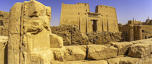 View of the Temple of Horus on a sunny day, Edfu, Egypt, North Africa, Africa