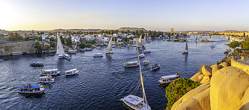 View of fellucas on the Nile river from Feryal Garden during golden hour, Aswan, Nubia, Egypt, North Africa, Africa