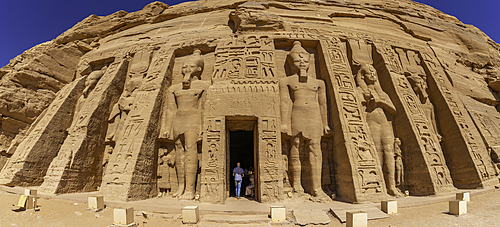 Exterior view of massive sculptures at the Temple of Hathor, Abu Simbel Temple next to Lake Nasser, Temple of the Pharaohs, Ramses II, Nubia, Egypt, Africa