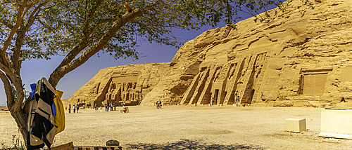 Exterior view of massive sculptures at the Temple of Hathor, Abu Simbel Temple next to Lake Nasser, Temple of the Pharaohs, Ramses II, Nubia, Egypt, Africa