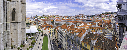 View of city skyline and Santa Justa Lift from Carmo Archaeological Museum on a sunny day, Lisbon, Portugal, Europe