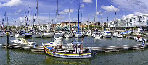 View of boats in 'Bom Sucesso' Marina on a sunny day, Lisbon, Portugal, Europe
