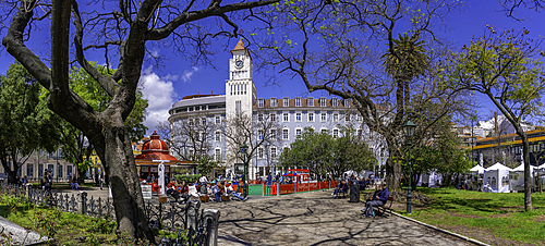 View of market stalls in Jardim Dom Luis Gardens on a sunny day, Lisbon, Portugal, Europe