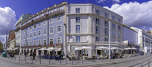 View of colourful buildings in the Alfama District on a sunny day, Lisbon, Portugal, Europe