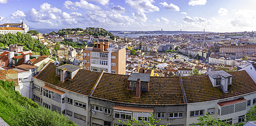 Panoramic view of Lisbon from Miradouro da Senhora do Monte scenic point on a sunny day in the Alfama District, Lisbon, Portugal, Europe
