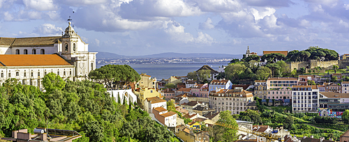 Panoramic view of Lisbon from Miradouro da Senhora do Monte scenic point on a sunny day in the Alfama District, Lisbon, Portugal, Europe
