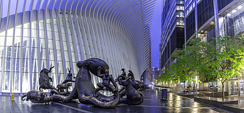 View of exterior of the Oculus transportation hub at the World Trade Center at dusk in Lower Manhattan, New York City, United States of America, North America