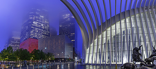 View of exterior of the Oculus transportation hub at the World Trade Center at dusk in Lower Manhattan, New York City, United States of America, North America