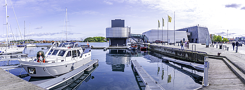 View of Norwegian Petroleum Museum and Stavanger Marina boats during daytime, Stavanger, Norway, Scandinavia, Europe