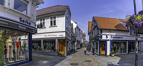 View of colourful shops and cafes in Fargegaten during daytime, Stavanger, Norway, Scandinavia, Europe