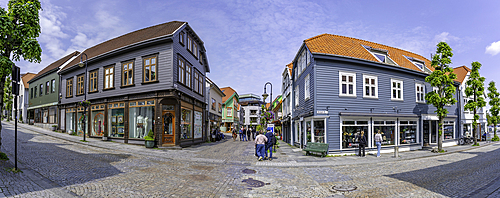 View of colourful shops and cafes in Fargegaten during daytime, Stavanger, Norway, Scandinavia, Europe