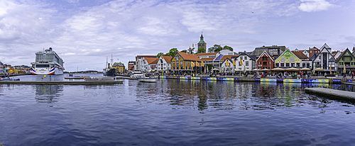 View of reflections in harbour and Stavanger skyline during daytime, Stavanger, Norway, Scandinavia, Europe
