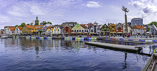 View of reflections in harbour and Stavanger skyline during daytime, Stavanger, Norway, Scandinavia, Europe