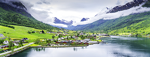 Aerial view of Olden village and mountains in Nordfjorden during summer, Norway, Scandinavia, Europe