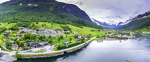 Aerial view of Olden village and mountains in Nordfjorden during summer, Norway, Scandinavia, Europe