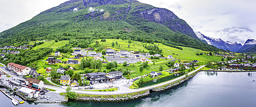 Aerial view of Olden village and mountains in Nordfjorden during summer, Norway, Scandinavia, Europe