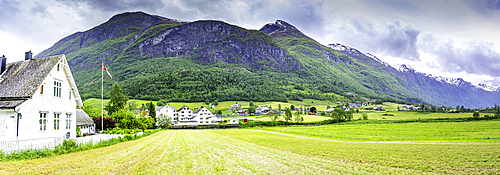 View of Olden village and mountains in Nordfjorden during summer, Norway, Scandinavia, Europe