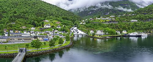 Aerial view of Hellesylt, Sunnylvsfjorden, Stranda Municipality, Norway, Scandinavia, Europe