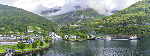 Aerial view of Hellesylt, Sunnylvsfjorden, Stranda Municipality, Norway, Scandinavia, Europe