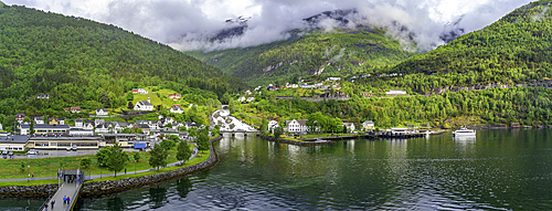 Aerial view of Hellesylt, Sunnylvsfjorden, Stranda Municipality, Norway, Scandinavia, Europe
