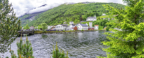 View of Sunnylven church and colourful houses in Hellesylt, Sunnylvsfjorden, Stranda Municipality, Norway, Scandinavia, Europe