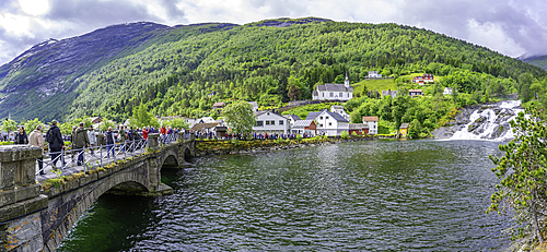 View of Sunnylven church and bridge in Hellesylt, Sunnylvsfjorden, Stranda Municipality, Norway, Scandinavia, Europe