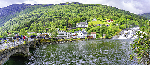 View of Sunnylven church and Hellesylt waterfall in Hellesylt, Sunnylvsfjorden, Stranda Municipality, Norway, Scandinavia, Europe