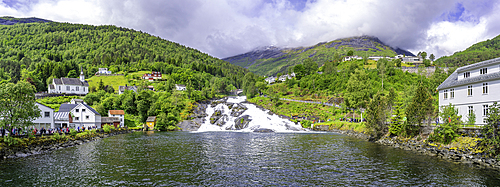 View of Hellesylt waterfall in Hellesylt, Sunnylvsfjorden, Stranda Municipality, Norway, Scandinavia, Europe