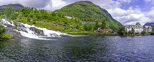 View of Hellesylt waterfall in Hellesylt, Sunnylvsfjorden, Stranda Municipality, Norway, Scandinavia, Europe