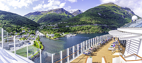 View of Hellesylt from cruise ship in Hellesylt, Stranda Municipality, Norway, Scandinavia, Europe