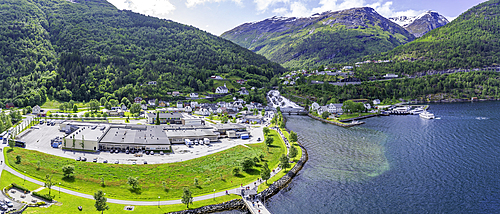 Aerial view of Hellesylt on a sunny day, Stranda Municipality, Norway, Scandinavia, Europe