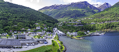 Aerial view of Hellesylt on a sunny day, Stranda Municipality, Norway, Scandinavia, Europe