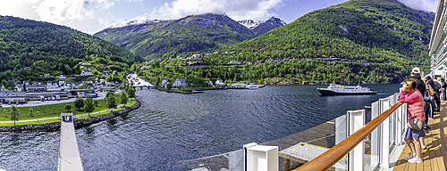 View of Hellesylt from cruise ship in Hellesylt, Stranda Municipality, Norway, Scandinavia, Europe