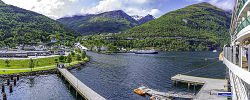 View of Hellesylt from cruise ship in Hellesylt, Stranda Municipality, Norway, Scandinavia, Europe