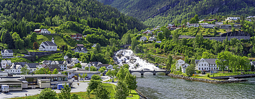 Aerial view of Hellesylt on a sunny day, Stranda Municipality, Norway, Scandinavia, Europe