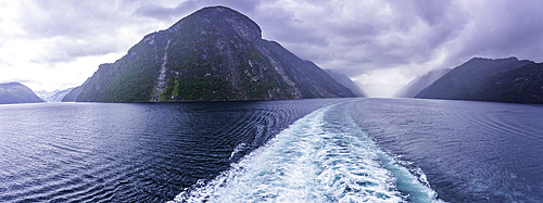 View of Sunnylvsfjorden from cruise ship on a cloudy day, Stranda Municipality, Norway, Scandinavia, Europe