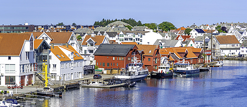 View of waterside architecture in Haugesund from Risøy Bridge on a sunny day, Haugesund, Rogaland County, Norway, Scandinavia, Europe
