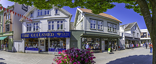 View of shops on Haraldsgata street on a sunny day, Haugesund, Rogaland County, Norway, Scandinavia, Europe