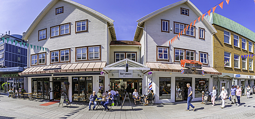 View of shops on Haraldsgata street on a sunny day, Haugesund, Rogaland County, Norway, Scandinavia, Europe