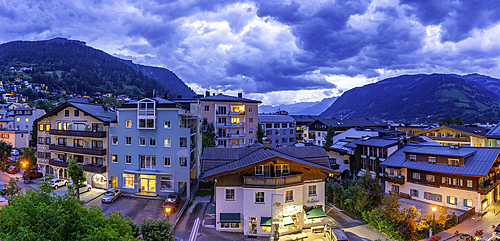 Elevated view of Zell am See at dusk, Zell am See, Salzburg, Austria, Europe