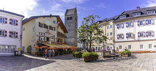 View of St. Hippolyte Church and Stadtplatz in Zell am See on a sunny day, Zell am See, Salzburg, Austria, Europe