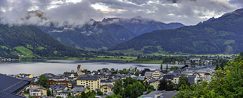 Elevated view of Zell am See and Lake Zell during golden hour, Zell am See, Salzburg, Austria, Europe