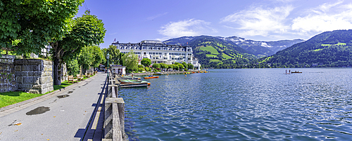 View of the Grand Hotel and Lake Zell in Zell am See on a sunny day, Zell am See, Salzburg, Austria, Europe