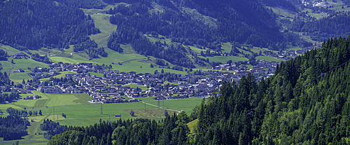 View of Kaprun from Plettsaukopf Reservoir on a sunny day, Bruckberg, Salzburg, Austria, Europe