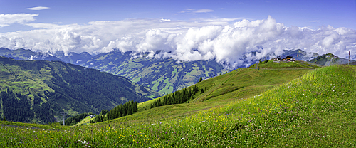 View of mountains and cloud from Schmittenhöhebahn top station 2000m on a sunny day, Zell am See, Salzburg, Austria, Europe
