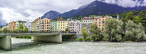 View of colourful buildings and River Inn on a sunny day in summer, Innsbruck, Tyrol Region, Austria, Europe