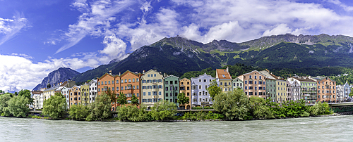 View of colourful buildings and River Inn on a sunny day in summer, Innsbruck, Tyrol Region, Austria, Europe