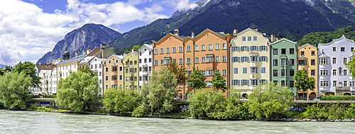 View of colourful buildings and River Inn on a sunny day in summer, Innsbruck, Tyrol Region, Austria, Europe