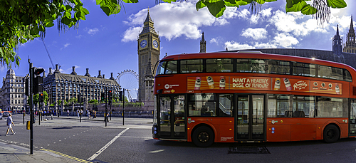 View of Big Ben clock tower and red bus in Parliament Square during summer, Westminster, London, England, United Kingdom, Europe