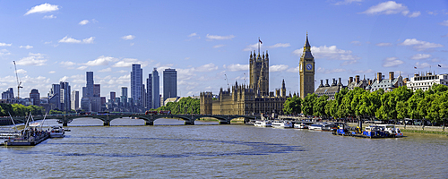 View of Houses of Parliament and Big Ben clocktower from Golden Jubilee Bridge during summer, Westminster, London, England, United Kingdom, Europe